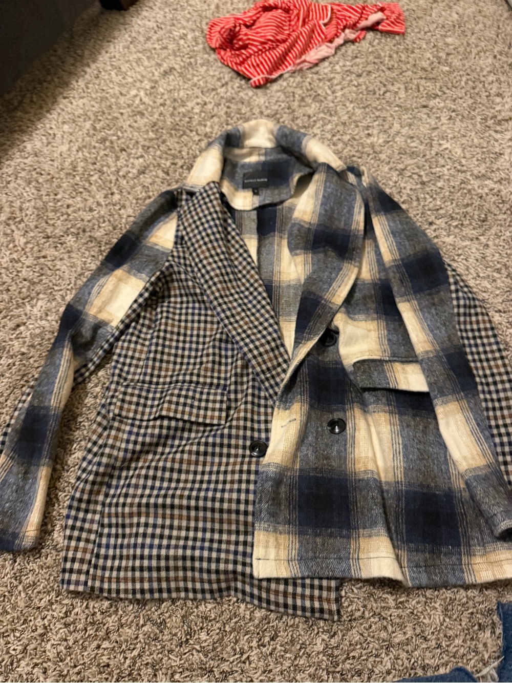 Checked Wool-Blend Double-Breasted Coat Jacket - Blue/Cream